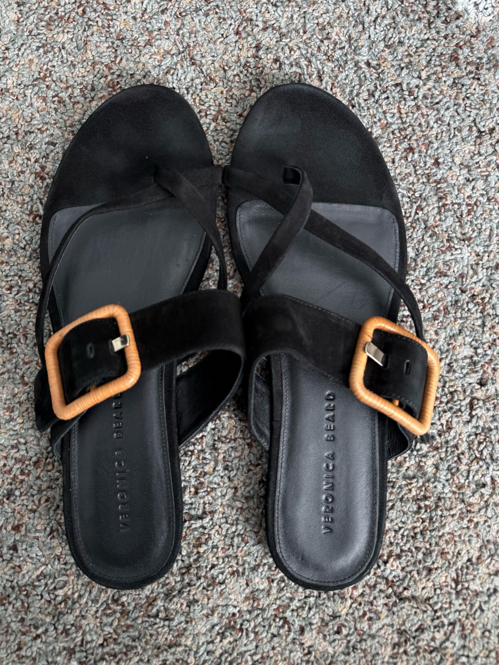 Veronica Beard Black Suede Flat Strappy Sandals Classic Resort Luxury